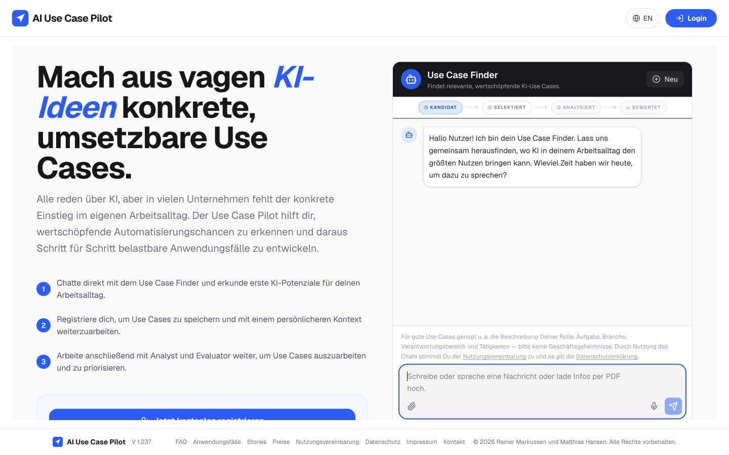 Startseite des AI Use Case Pilot